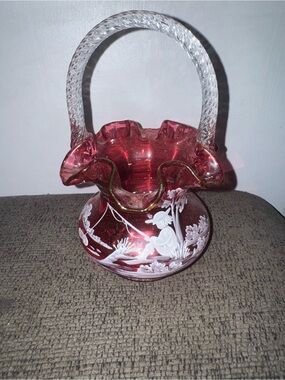 Fenton mary Gregory gone fishing scalloped cranberry glass basket